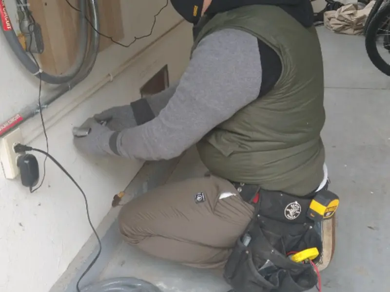 Electrician performing outlet wiring in a North Berwick garage